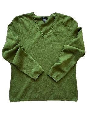 Only Mine 100% Cashmere Sweater Green V Neck Pullover Soft Knit L
